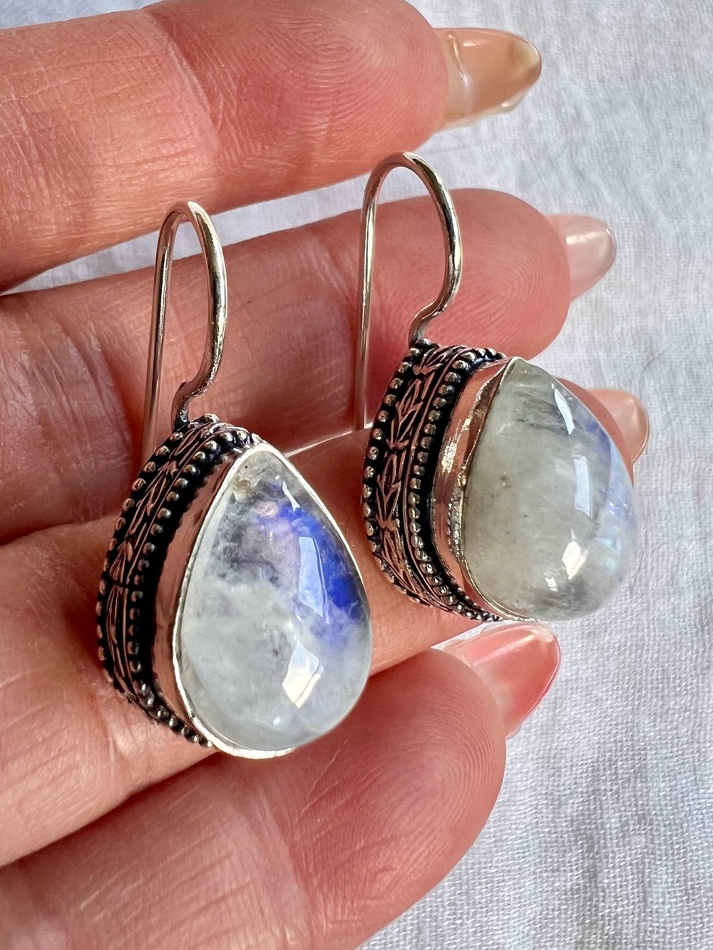925 Petite Ornate Rainbow Flash Moonstone Drop Earrings